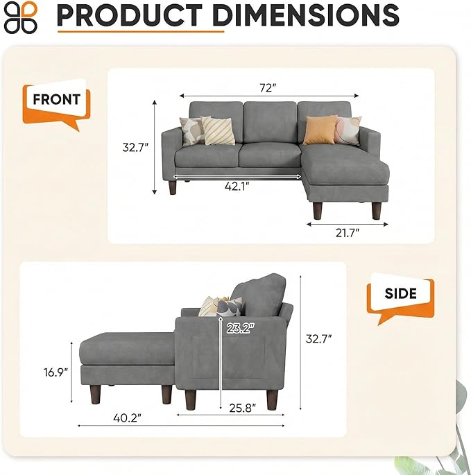 JUMMICO L Shape Sectional Sofa Couch, 3 Seat Convertible Sofa with Movable Ottoman and Side Storage Pockage, Modern Sofa Small Couches for Living Room & Apartment and Small Space (Linen, Grey)