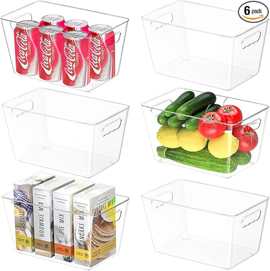 BALEINE Clear Plastic Storage Bins, Pantry Organization, BPA Free Stackable Refrigerator Organizers and Storage with Handles for Kitchen Fridge Cabinet Bathroom (6PK, 10.5x6x5)