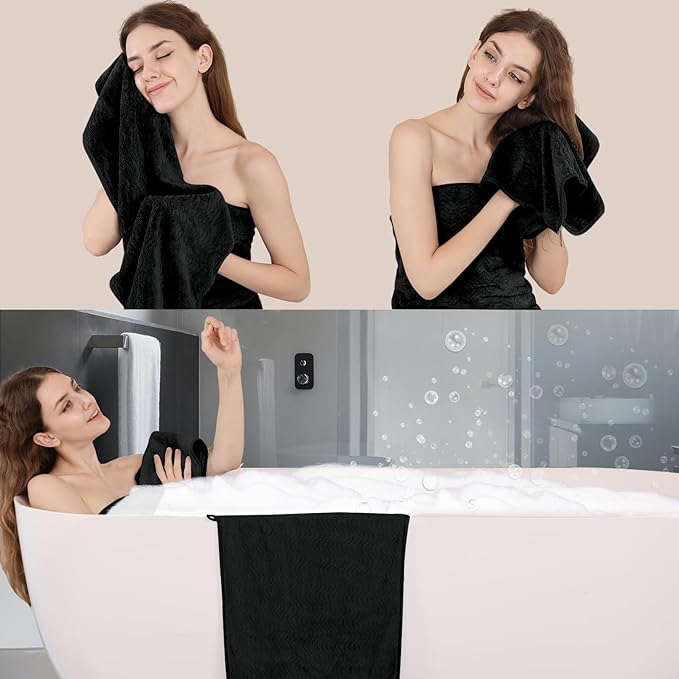 Black Bathroom Towels Set Of 4, 35x70 Inches Oversized Bath Towels Extra Large Microfiber Shower Towels Textured Ultra Soft Absorbent Quick Dry Towel Bath Sheets Towels For Adults Bathroom Hotel Spa