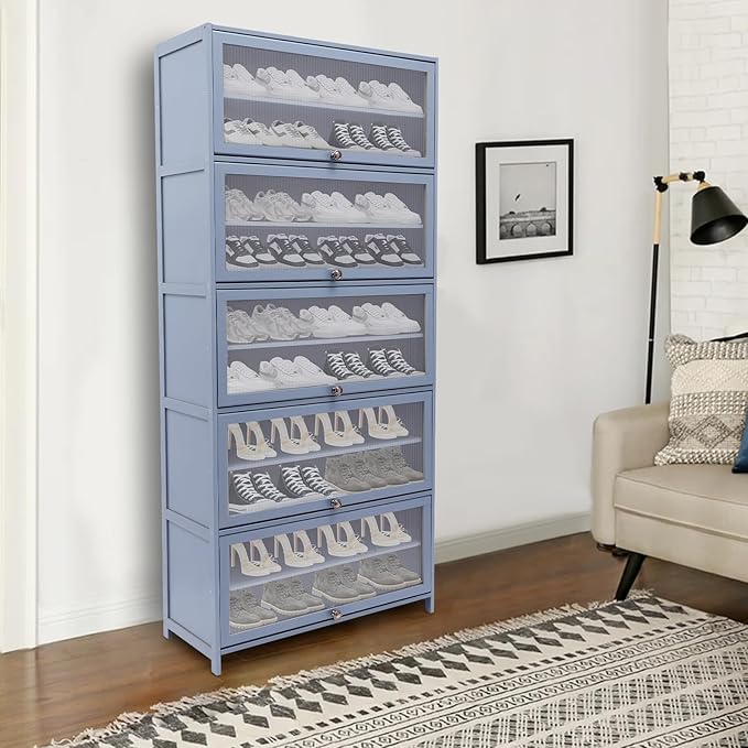 Tall Bamboo Shoe Cabinet with Doors, 10 Tier Large Capacity Shoe Rack Organizer, Narrow Freestanding Storage Shelf for Entryway, Hallway & Closet, Holds 40-45 Pairs (Grayish Blue)