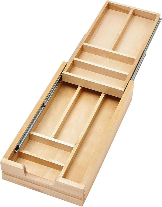 Rev-A-Shelf Two-Tier Kitchen Utensil Drawer Organizer & Pullout Cutlery Tray, Soft-Close Slides, 12" Cabinet Opening, Wood, 4WTCD-15HSC-1