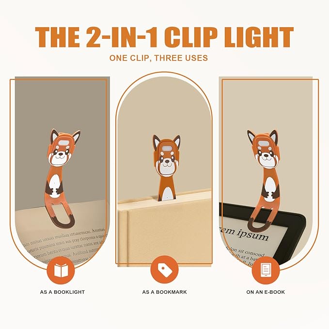 Rechargeable Kids Book Light, Cute Bookmark Reading Light for Kids, Dimmable Portable LED Book Light for Reading in Bed, Eye-Caring Bedtime Reading Lamp for Children & Travel, Brown