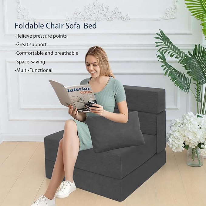 Sofa Bed Foldable Mattress ，Folding Sleeper Sofa Chair Bed Floor Mattress with Pillow for Living Room Home Office (Dark Gray -Corduroy, Single)