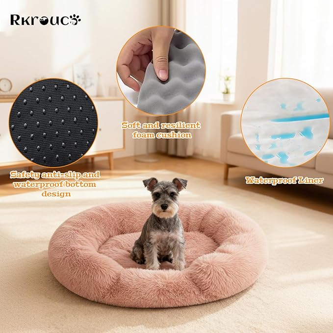 Fluffy Dog Bed Calming Donut Beds for Large Dogs Warming Round Small Medium Pet Nest Cozy Cat Mattress Indoor Washable Puppy Kennel Kittens Sleep Mat (M, 27.5×27.5 inch, Fresh Pink)
