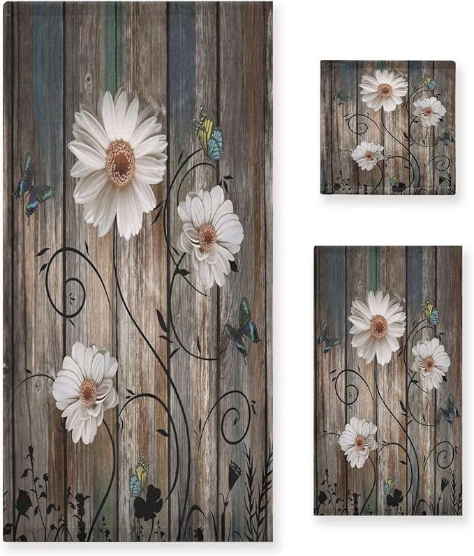 3 Piece Rustic Bath Towels Set,Microfiber Absorbent Beige Daisy Floral Butterfly Brown American Country Towels for Bathroom,1 Bath Towel,1 Hand Towel,1 Washcloth,Decorative Bathroom Towels