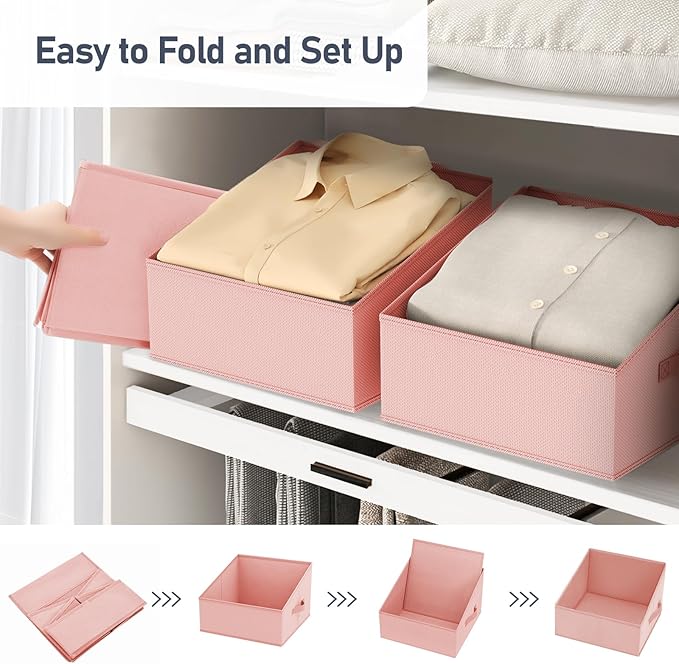 DIMJ Closet Storage Bins - Fabric Storage Baskets for Shelves, Collapsible Clothes Organizer with Handles for Purse, Toys, Books, Towel, Clothes, 6 Pack, Pink