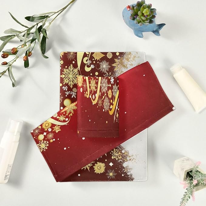 Golden Snowflakes Christmas Tree Forest Towels Set of 3 Winter Red Snowy Christmas Bathroom Towel Soft Absorbent Bath Hand Towels Washcloth Guest Towel Sets Xmas Holiday Decor