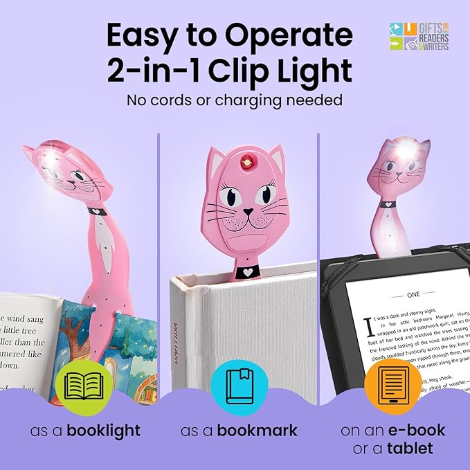 Gifts for Readers & Writers Book Light for Kids, Clip On Reading Light for Bed, 2in1 Flexilight Pals & Bookmark, Small & Lightweight with a Soft Glow, 2 Batteries Included, Cat