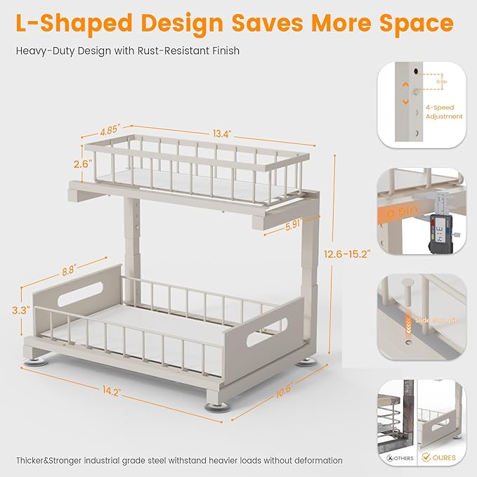 Under Sink Organizer, Heavy Duty Metal Slide Out Sink Shelf Organizer Height Adjustable, Multi-Purpose Storage Shelf for Kitchen Bathroom (Sand,2Pack)