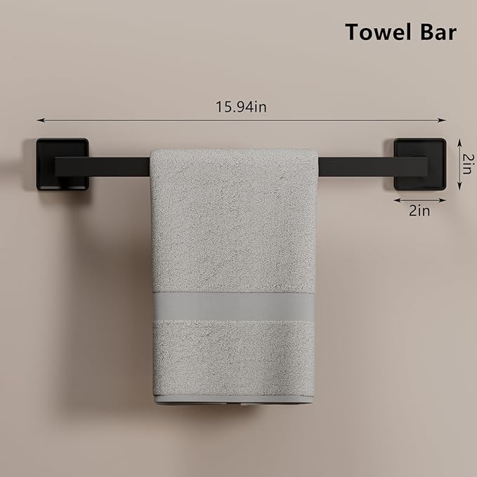 Towel bar Set, 5-Piece Bathroom Hardware Set, 5-Piece Bathroom Accessories Set, Stainless Steel Towel bar Set, 16-inch Towel Rack Set, Matte Black, Wall-Mounted Bathroom Towel Rack