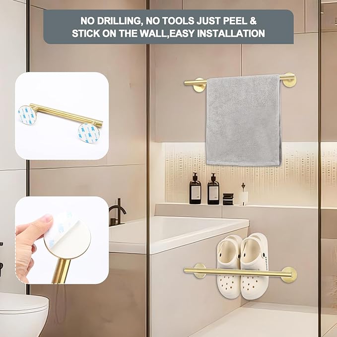 16 Inch #304 Stainless Steel Brushed Gold Towel Bar - Adhesive Kitchen Towel Holder & Bathroom Towel Rack, Wall Mount Towel Hangers for Bathroom & Door Towel Holder
