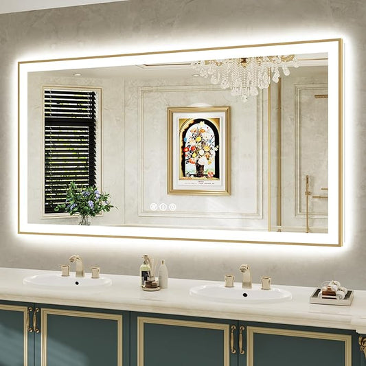 66x36 Inch LED Bathroom Mirror with Lights (Front Lit and Backlit) Gold Framed Lighted Vanity Mirror for Bathroom Wall Dimmable Anti-Fog Memory Tempered Glass Horizontal/Vertical