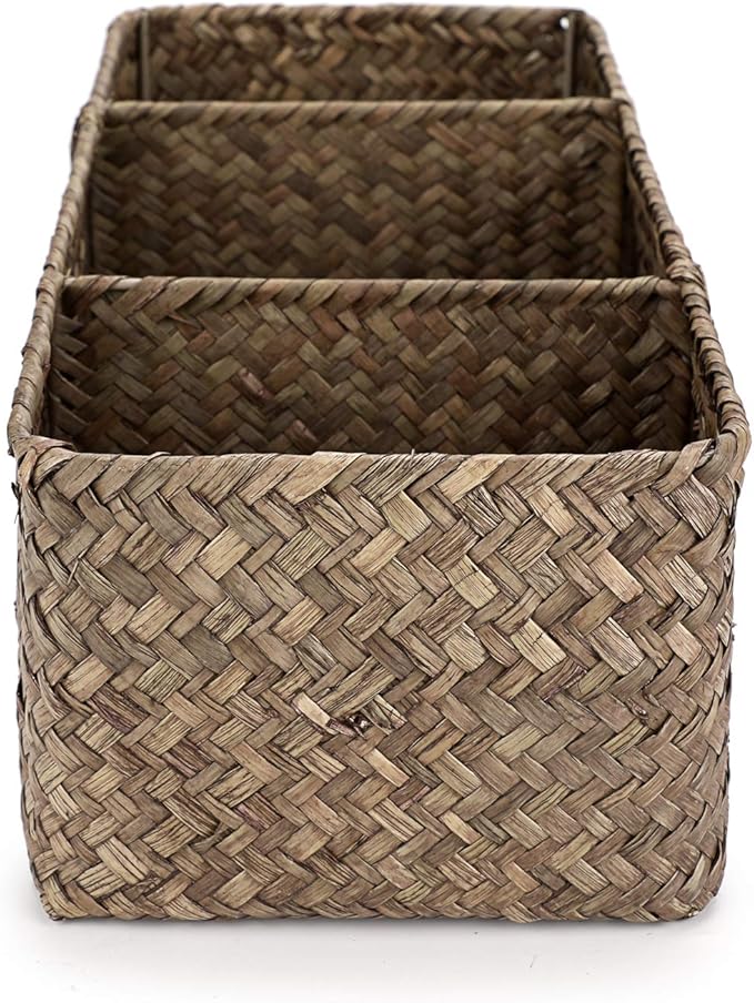 Hipiwe Seagrass Nesting Storage Basket - 3 Compartment Hand-Woven Wicker Toilet Paper Storage Bin Bathroom Organize Basket for Shelves, Kitchen Cabinets, Bathroom, Closets Organizer