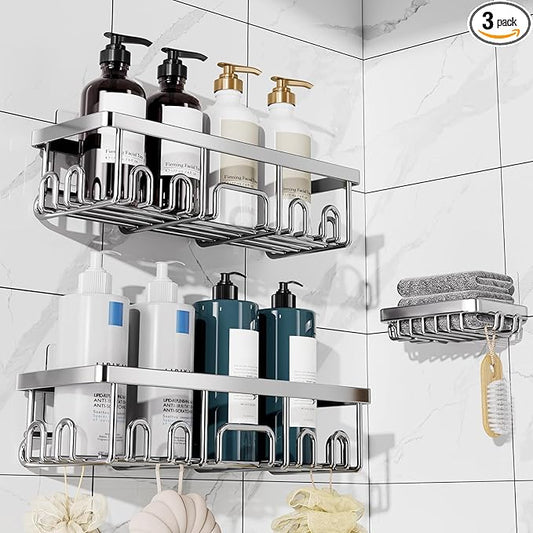 Veken Shower Caddy 3-Pack, Advanced Rustproof Design, No Drilling Adhesive Shelves, Rack with Soap Holder, Large Capacity Bathroom Organizers and Storage, Wall-Mounted Kitchen & Home Decor
