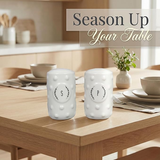 Young's Inc Cottagecore Ceramic Salt and Pepper Shaker Set, Farmhouse White Rustic, Vintage Country Kitchen Table Decor Seasoning Set, Cute Cottage Kitchen Accessories,3.5 Inch