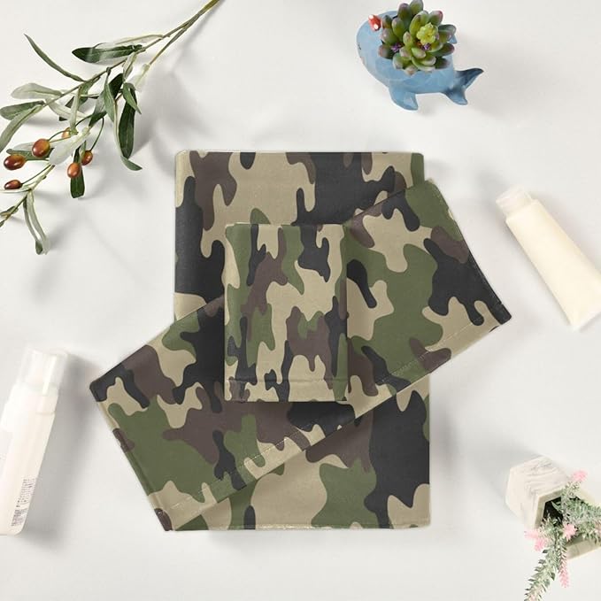3 Piece Military Camouflage Bath Towel Set,Microfiber Decorative Green Black Army Camo Hunting Themed Bathroom Towels,1 Bath Towel 1 Hand Towel for Bathroom Kitchen,1 Washcloth for Face