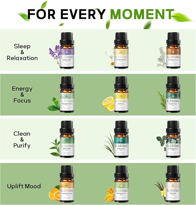 Essential Oils for Diffusers for Home –12 x 10ml Water Soluble Aromatherapy Oils with Wood Box, Natural Scented Oils for Home, Spa, Car & Gifts - Lavender, Peppermint, Sweet Orange, Tea Tree & More