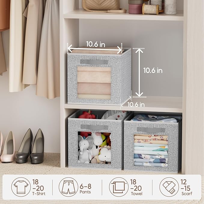 Foldable Storage Cubes - Cubby Storage Organizer with Window, Decorative Baskets for Organizing, 11 Inch Fabric Cube Shelf Bins, Set of 10, Light Gray