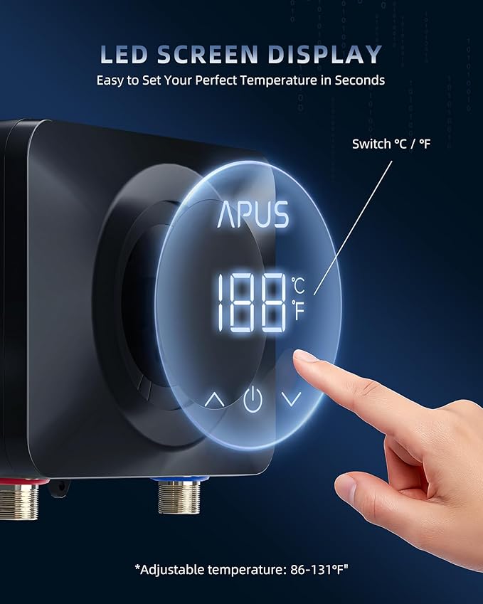 APUS Tankless Water Heater Electric 240V, 4500W Instant On Demand Hot Water Heaters, Under Sink Point of Use Water Heater, LED Digital Display, Ultra Compact for Kitchen, Bathroom, Laundry