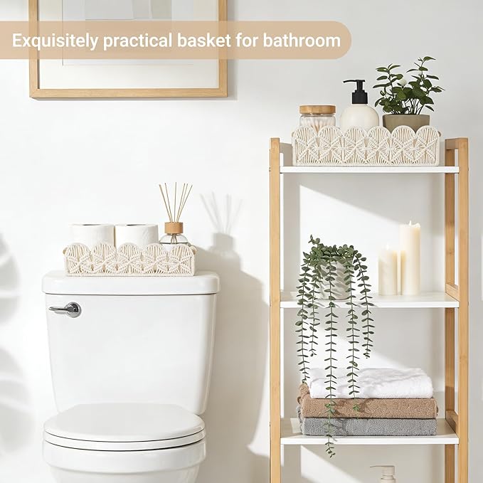 Mkono Macrame Storage Basket, Scalloped Edge Toilet Paper Basket Boho Woven Decor, Small Countertop Organizer with Handles for Shelf, Living Room, Bedroom, Home,Office, Set of 2, Ivory