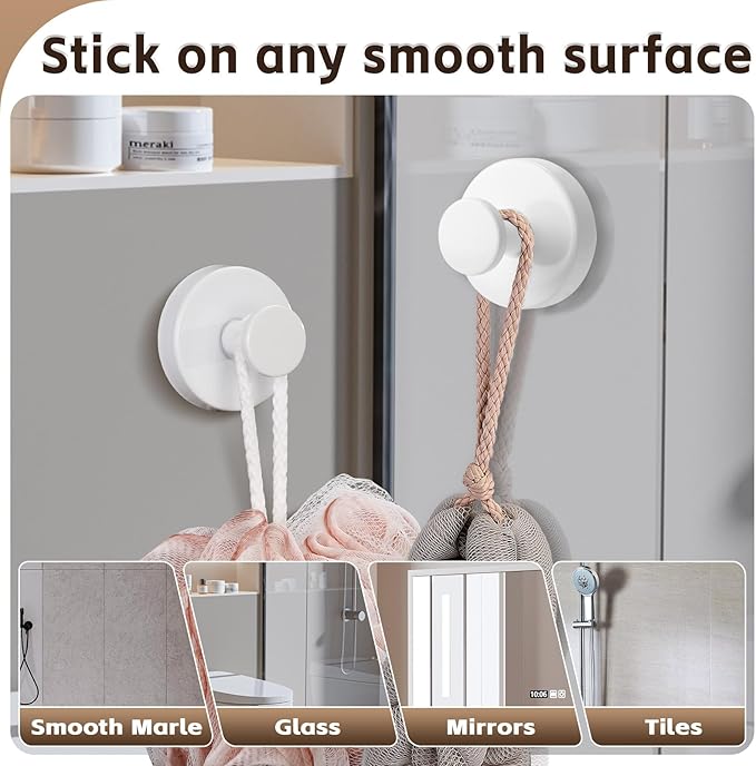 Reusable Heavy Duty Suction Cup Hooks for Kitchen/Bathroom/Shower - Wet-Proof Hooks for Towels, Robes, Loofah&Wreaths/No Drill Mounting on Glass, Tile, Metal (4, White)