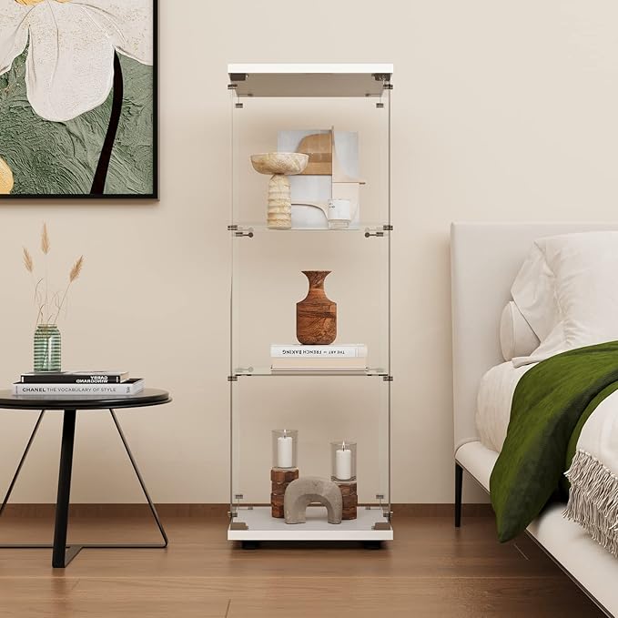 LFT HUIMEI2Y Glass Display Cabinet 3-Shelf with Door and Lock, Curio Cabinets Upgraded Quick-Install Style Tempered Glass Floor Standing Bookshelf for Bedroom, Living Room 49”x 17”x 14” White