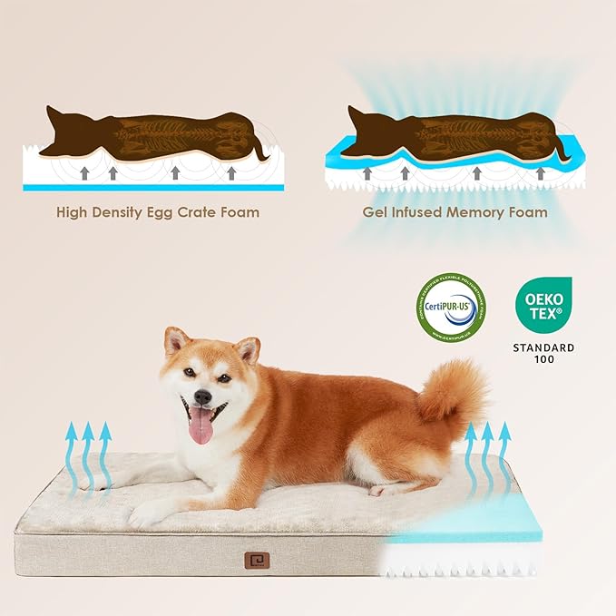 EHEYCIGA Memory Foam Dog Bed Orthopedic 35"x23"，Waterproof Pet Bed for Larged Size Dogs ，Washable Pet Mat with Removable Cover, Beige