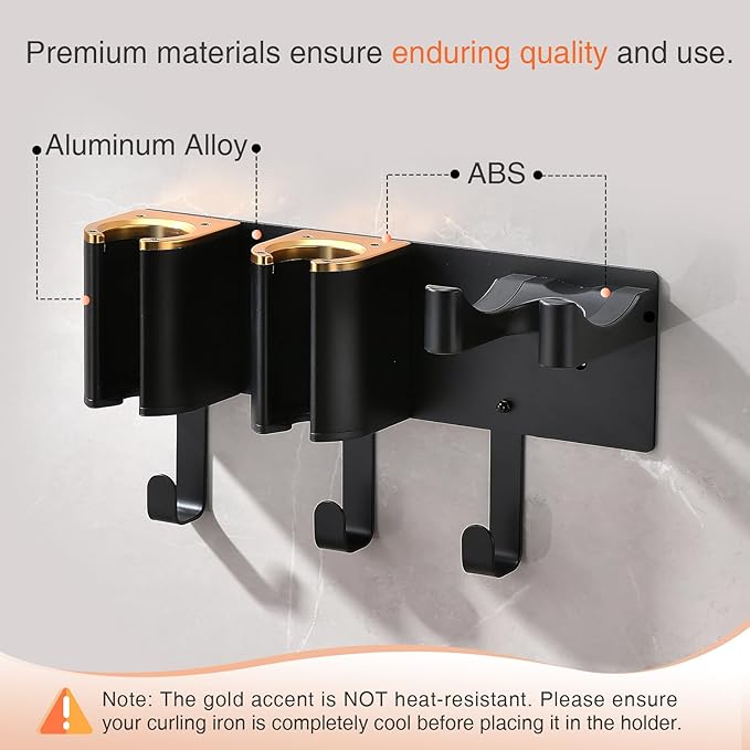 Hair Tool Organizer Wall Mount, Hair Dryer Curling iron Organizer, Flat Iron Straightener Holder, Aluminum Alloy & ABS plastic, Black and Gold (Not Including Hair Tools)