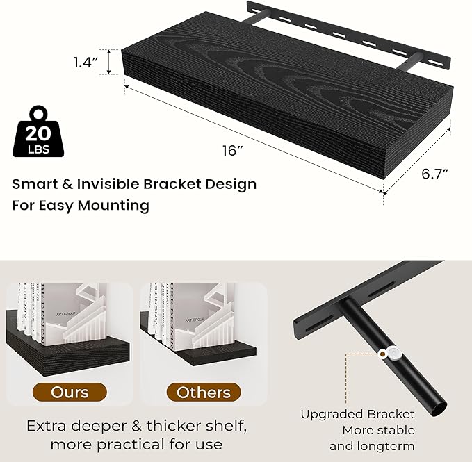 Dreamland 16 Inch Long Floating Shelves in Black,6.7 Inch Deep Floating Shelf for Wall,Large Display & Storage Shelf, Wall Shelf for Bathroom Bedroom Living Room Kitchen Office，Set of 2