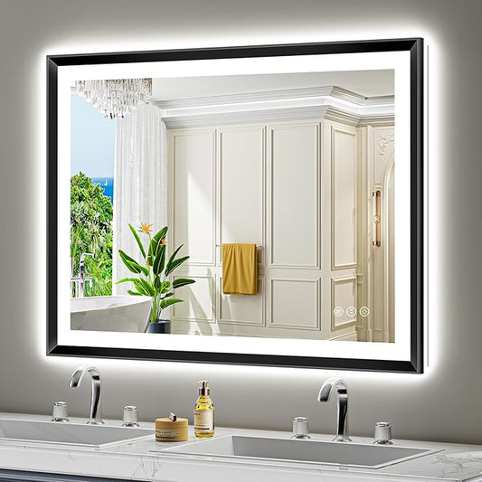 44x32 Black Framed LED Bathroom Mirror with Lights, Backlit and Front Light, Lighted Bathroom Vanity Mirror for Wall Dimmable Anti-Fog Memory Tempered Glass Horizontal/Vertical
