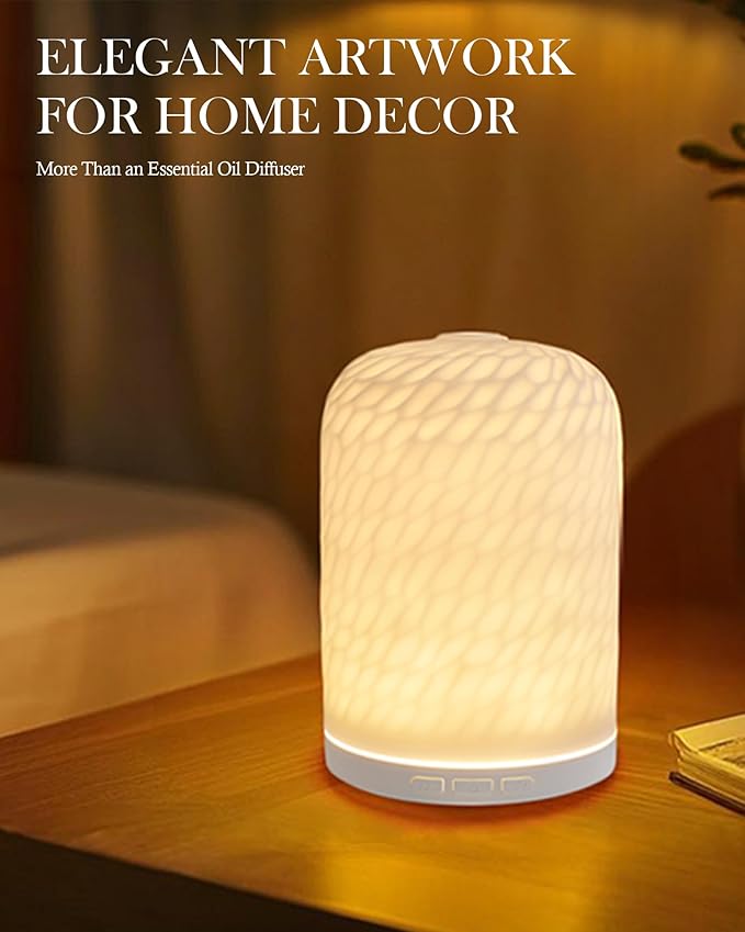 Essential Oil Diffuser - 2.4MHz Ultrasonic Ceramic Diffuser for Home, 120ml, Pulse&Continuous Mist, Bright/Dim/Breathing Lighting, Waterless Auto-Off, Aromatherapy Diffuser with USB Cable