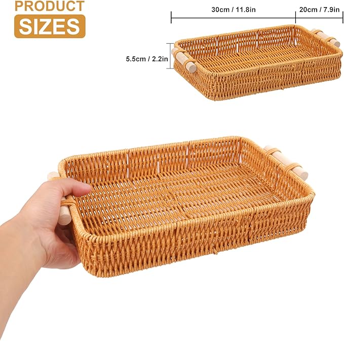 5 Pack 11.8 x 7.8 inch Rectangle Rattan Tray, Rectangle Woven Serving Basket with Handles, Storage Rattan Serving Trays for Home, Restaurant & Hotel Use, Durable & Easy-Cleaning