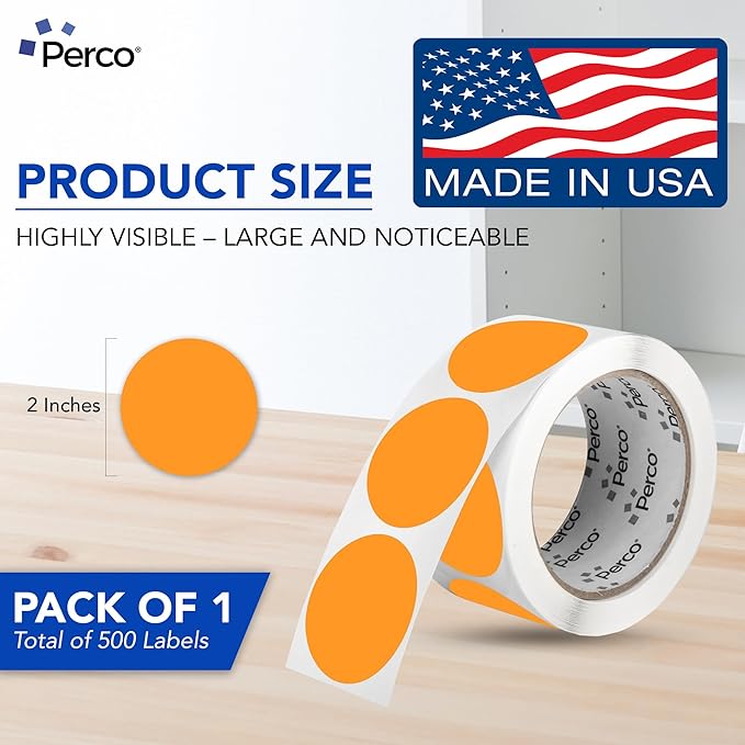 Perco Fluorescent Orange 2-Inch Round Circle Dot Sticker Labels with Easy Peel Perforation - 500 Labels per Roll - Strong Adhesion, Vibrant Colors for Organizing, Crafting & More - Made in USA