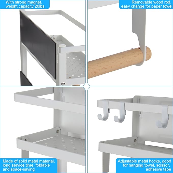 Garage Magnetic Rack Foldable, 2-in-1 Paper Towel Holder with Shelf, Garage Storage Organization, Heavy Duty Paper Towel Holder with 5 Removable Hooks for Tool Shed, Garage, Workbench, Kitchen