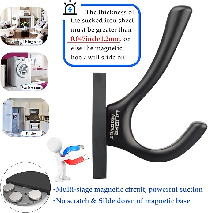 ULIBERMAGNET Strong Magnetic Double Hooks, 2 Pack Heavy Duty Sturdy Coat Magnetic Hooks, Rubber Magnets Large Hooks for Coat Robe Towel Key Hat (Black)