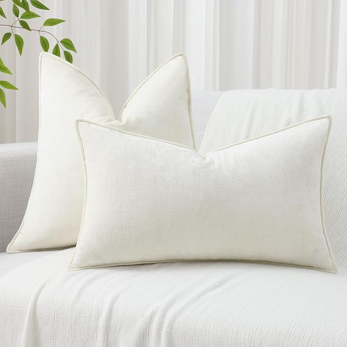 decorUhome Spring Couch Euro Sham Throw Pillow Covers 24x24 Set of 2, Decorative Soft Velvet Modern Cozy Chenille Pillow Cases with Elegant Design for Sofa Bed Living Room Home Decor, Cream White