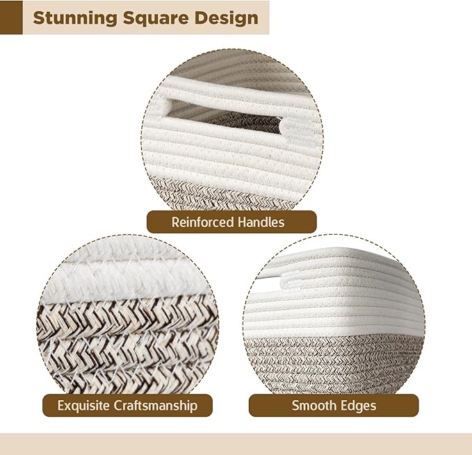 AELS Hand Woven Cotton Baskets for Storage, Cube Storage Bins with Handles, Foldable Collapsible Closet Organizers and Storage, Boho Farmhouse Storage Cubes for Shelves, Beige & Mixed Brown