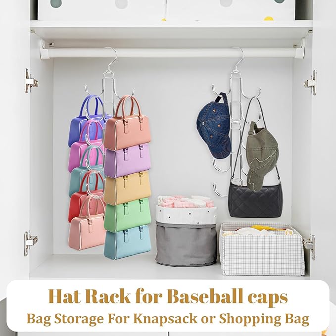 3Pack Purse Organizer for Closet, Stainless Steel Purse Holder Bag Hanger, Hanger Rack Space Saver with 10 Big Hooks for Handbags Belt Scarves Organizer&Display, 360 Degree Rotation