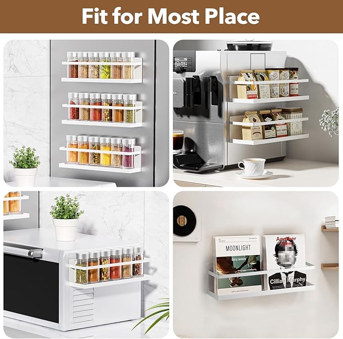 Magnetic Spice Rack for Refrigerator, Magnetic Fridge Shelf for Kitchen Spice Organizer, Spice Rack Wall Mount, Fridge Organizers and Storage (4, White)