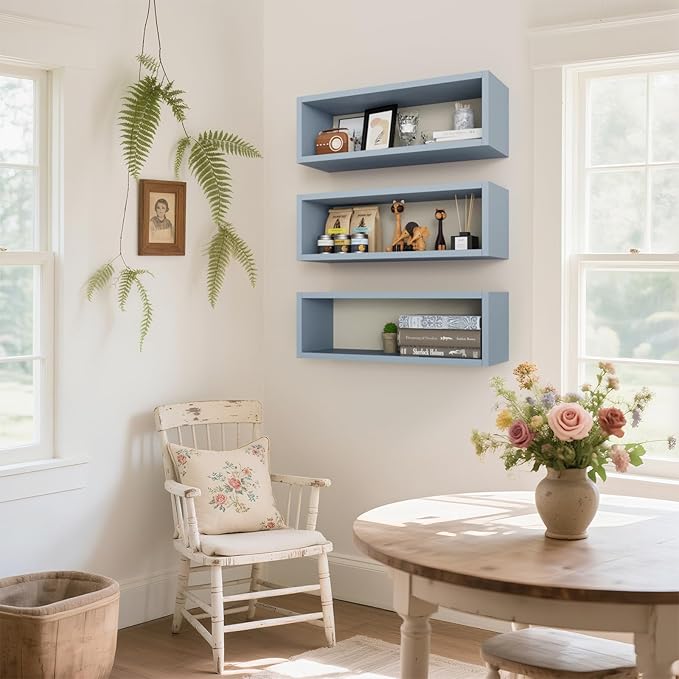 Kaboon 24in Floating Cube Shelves Set of 2, Display Shelves Wall Mount, Decorative Hanging Shelves for Kitchen Living Room Office,(Grayish Blue, Rectangle 2 Cubes)