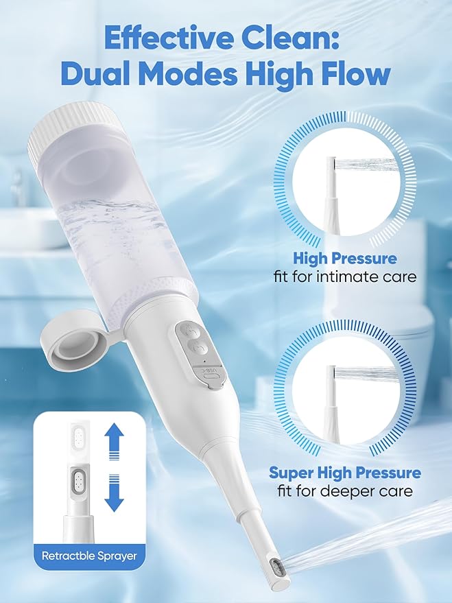 Portable Bidet for Travel – Electric Peri Bottle with Dual Spray Modes, 360° Nozzle, Water Bottle Adapter, USB Rechargeable, Waterproof, Travel Bidet for Postpartum & Personal Hygiene