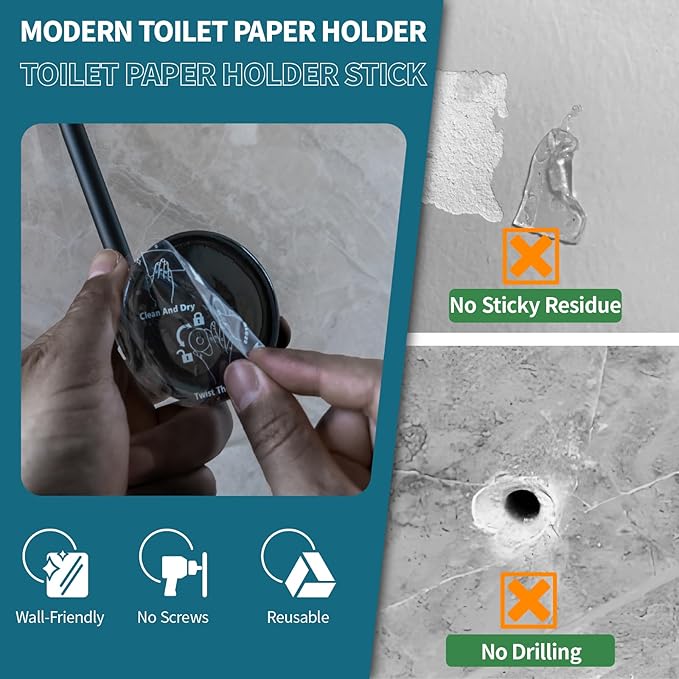Bathroom Towel Holder | Toilet Paper Holder Wall Mount, 2-in-1, Adhesive Suction, Reusable - Towel Hanger | Black Toilet Paper Holder for Bathroom, Kitchen, RV - Install Easily, Instantly Use, 2 Pack