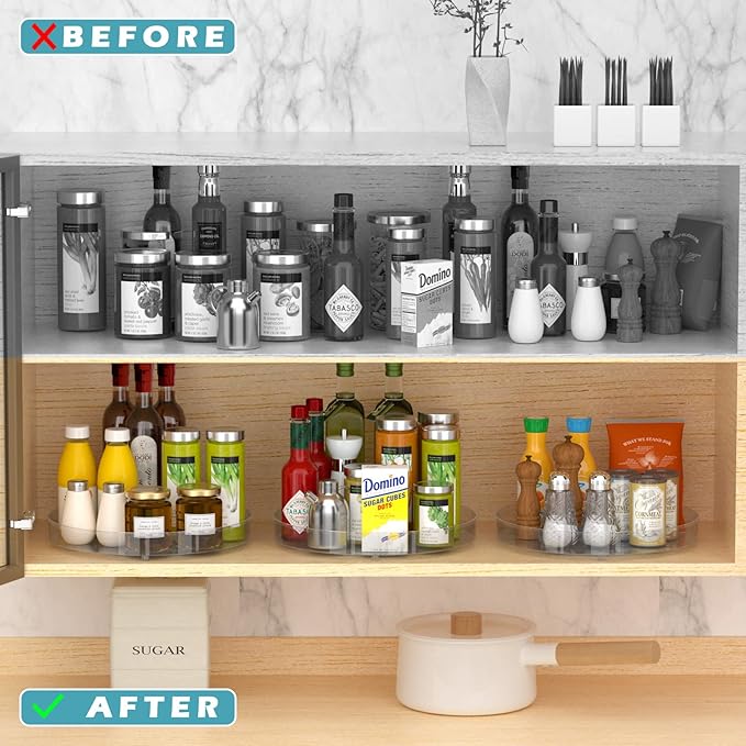 Slideep Lazy Susan Spice Rack, Round Plastic Clear Rotating Turntable Organization, Spinning Organizer Spices Condiments Container Bins for Kitchen, Cabinet, Pantry, Fridge, 10.6" Clear - 3 Pack