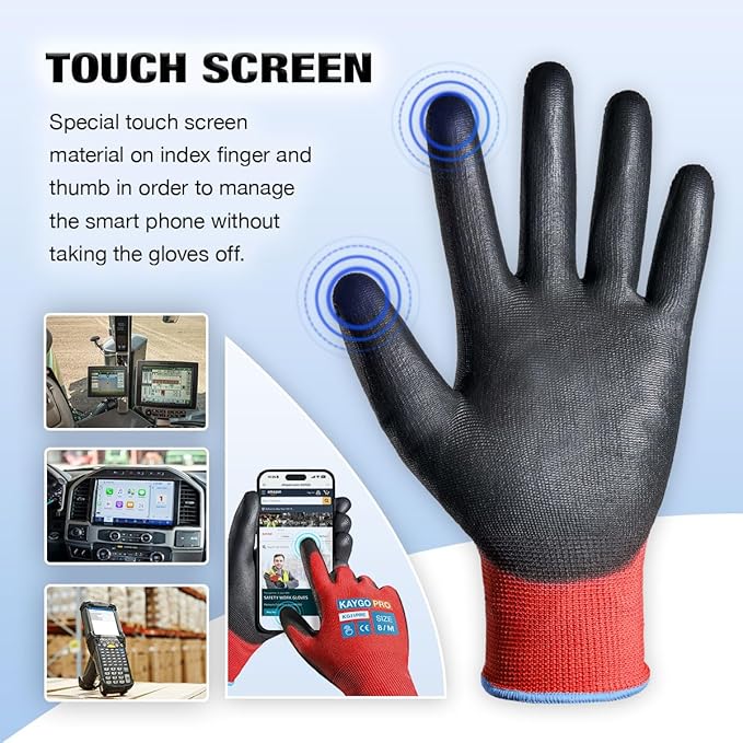 Work Gloves PU Coated for Men and Women, 12 Pairs Safety Work Gloves with Two Fingers Touchscreen, Breathable and Lightweight,Ideal for Light Warehouse, Manufacturing, Gardening, KG11P (XL, Red)
