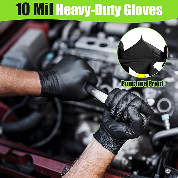 TREEGO 10 Mil Black Nitrile Gloves Heavy Duty — 3D Diamond Texture Grip, Latex Free Disposable Rubber Mechanic Gloves, X-Large, 100 Count