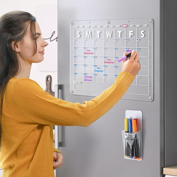 Acrylic Magnetic Dry Erase Board Calendar for Fridge, 16.5"x12" Inch Clear Dry Erase Calendar for Refrigerator, Magnetic Planning Calendars Includes 6 Colors Markers and Magnet Pen Holder