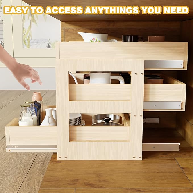 Pull Out Cabinet Organizer, 26''W×21''D×19''H Soft Close Slide Out Wooden Pull out Drawers, Three Tier Slide out Wood Cabinet Organizer, for Base Cabinet Organization in Kitchen, Pantry, Bathroom