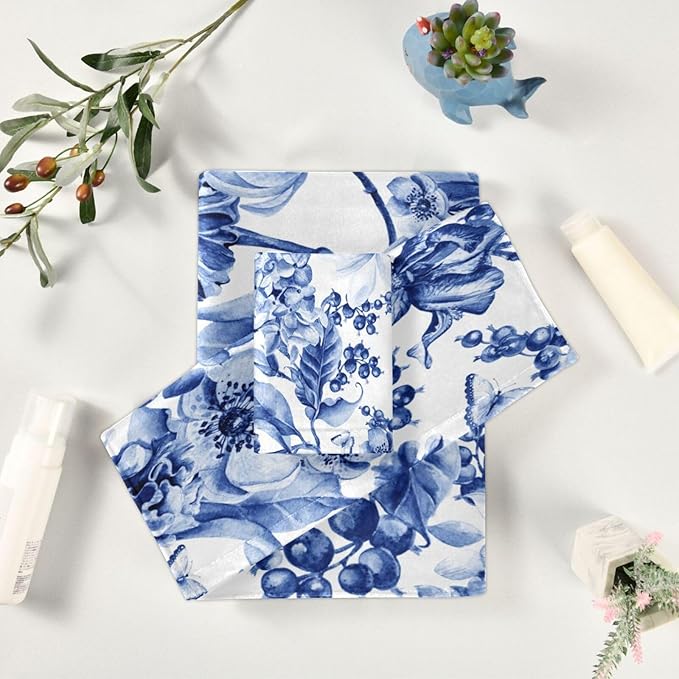 3 Piece Navy Blue Floral Bath Towels Set,Microfiber Absorbent Blue Magnolia Flower Berries Butterfly Towels for Bathroom,1 Bath Towel,1 Hand Towel,1 Washcloth,Decorative Bathroom Towels