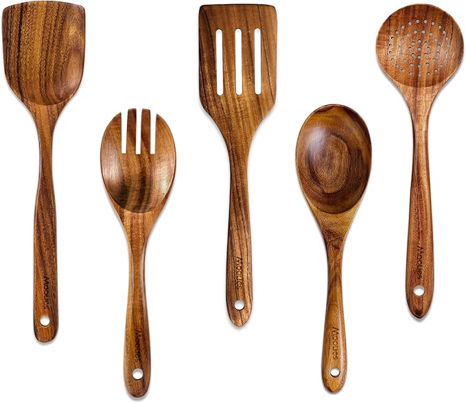 Wooden Spoons for Cooking 5 PCS - Natural Teak Kitchen Utensils Set