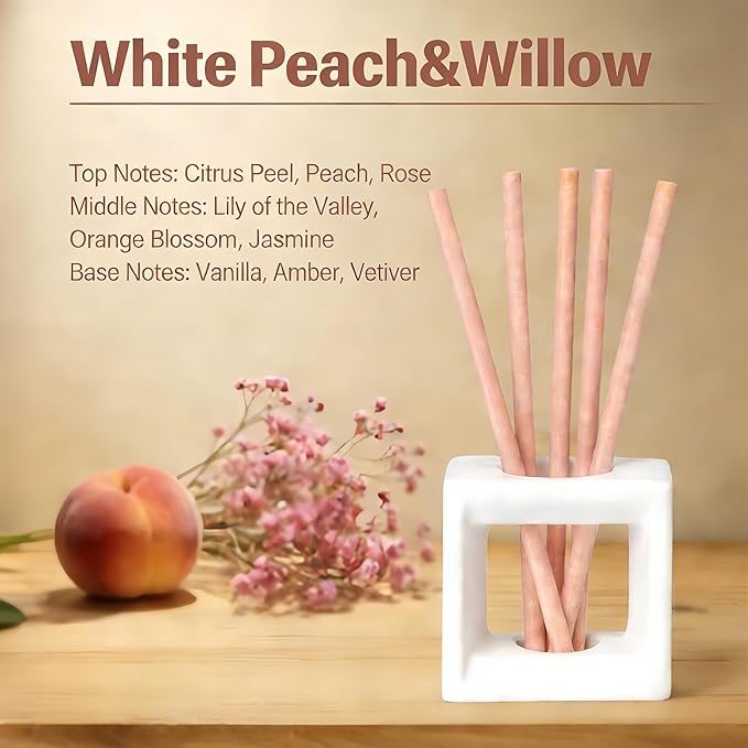 Non-Toxic Air Freshener Stix - Natural Essential Oils Infused, 30 Days Long-Lasting Freshness, 5 Pcs 6" Per Pack for Car Home Office，Ceramic Base not Included (White Peach and Willow)